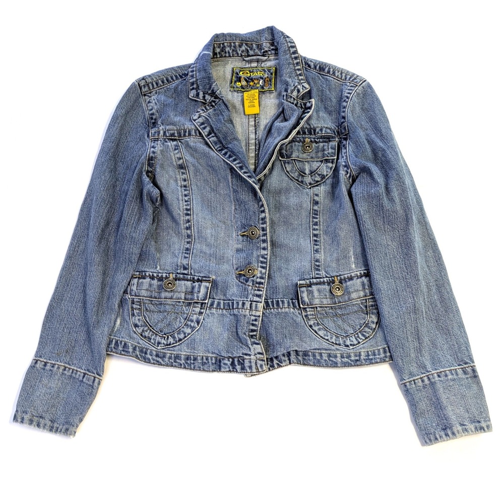 C-Star Jeans Women Blue Denim Blazer Jacket Size Large 3-Button Trucker Coat